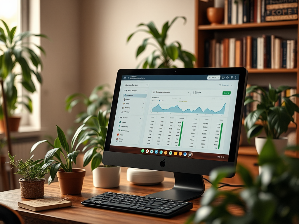 На столе стоит компьютер с графиками и таблицами, окруженный зелёными растениями и книгами.