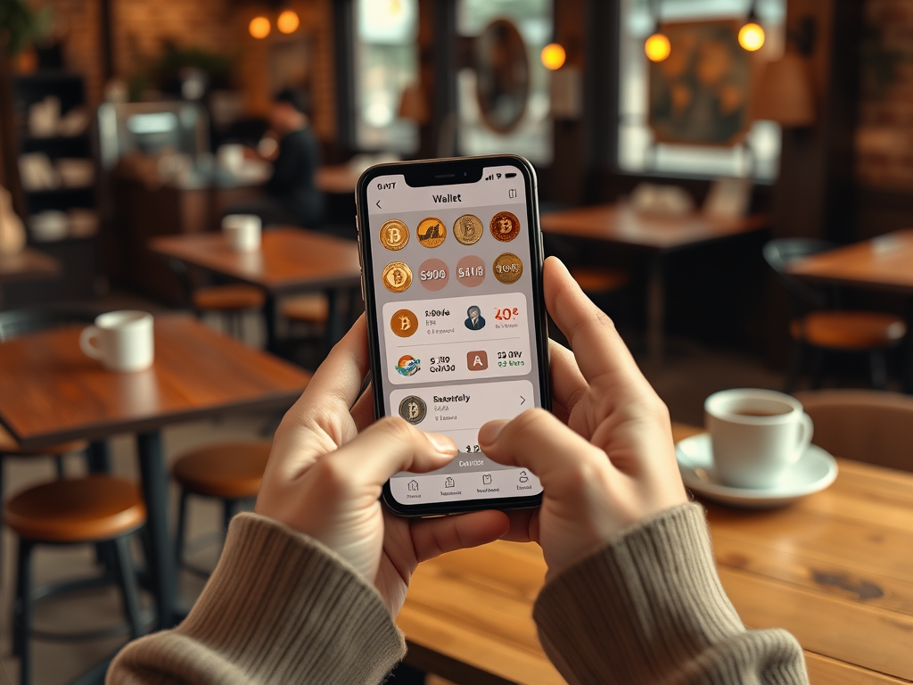 Человек держит смартфон с приложением для управления криптовалютными кошельками в кафе.